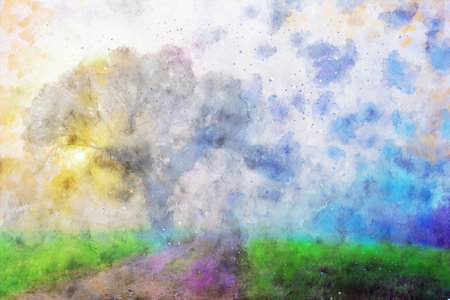 Watercolor Landscape Background Illustrationの写真素材