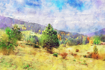 Watercolor Landscape Background Illustrationの写真素材