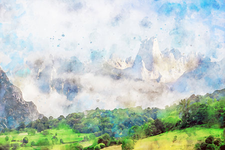 Watercolor Landscape Background Illustrationの写真素材