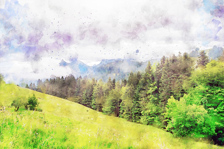 Watercolor Landscape Background Illustrationの写真素材