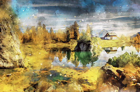 Watercolor Landscape Background Illustrationの写真素材