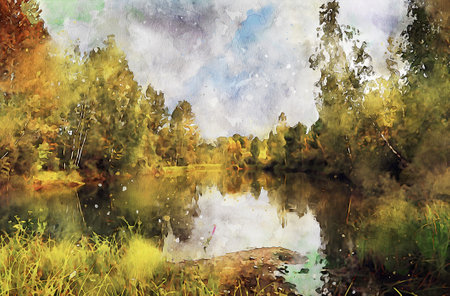 Watercolor Landscape Background Illustrationの写真素材