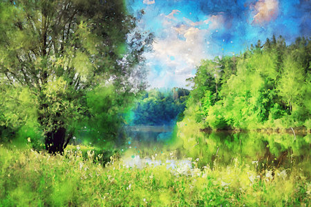 Watercolor Landscape Background Illustrationの写真素材