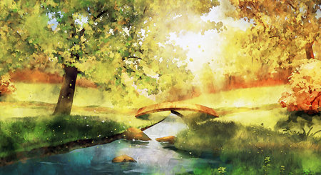 Watercolor Landscape Background Illustrationの写真素材