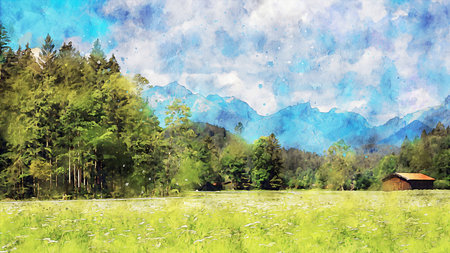 Watercolor Landscape Background Illustrationの写真素材