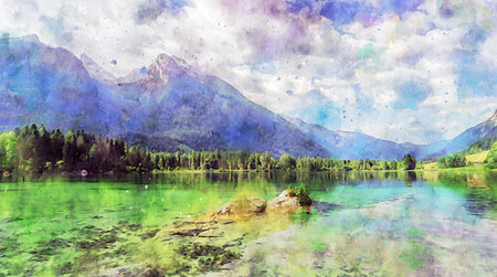 Watercolor Landscape Background Illustrationの写真素材