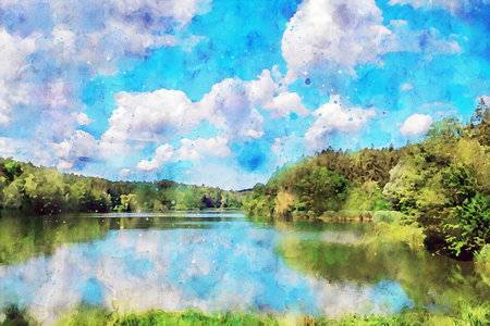 Watercolor Landscape Background Illustrationの写真素材