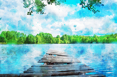 Watercolor Landscape Background Illustrationの写真素材