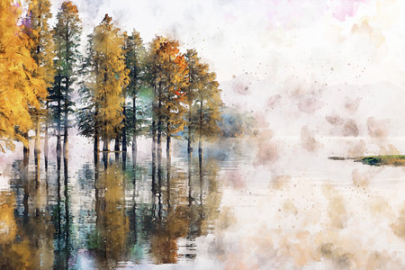 Watercolor Landscape Background Illustrationの写真素材