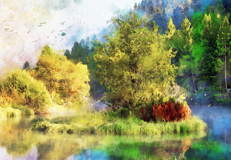Watercolor Landscape Background Illustrationの写真素材