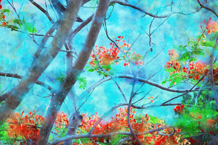 Watercolor Landscape Background Illustrationの写真素材