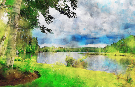 Watercolor Landscape Background Illustrationの写真素材