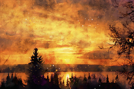 Watercolor Landscape Background Illustrationの写真素材