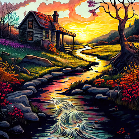 Beautiful Colorful Countryside and Cottage Illustrationの素材