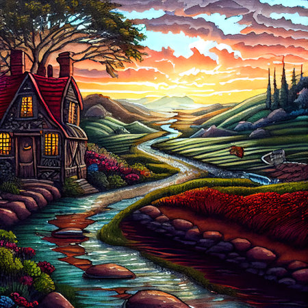 Beautiful Colorful Countryside and Cottage Illustrationの素材