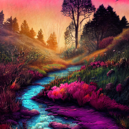 Beautiful Colorful Countryside and Cottage Illustrationの素材