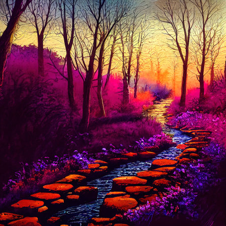 Beautiful Colorful Countryside and Cottage Illustrationの素材