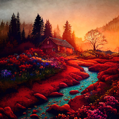 Beautiful Colorful Countryside and Cottage Illustrationの素材