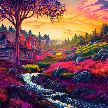 Beautiful Colorful Countryside and Cottage Illustrationの素材