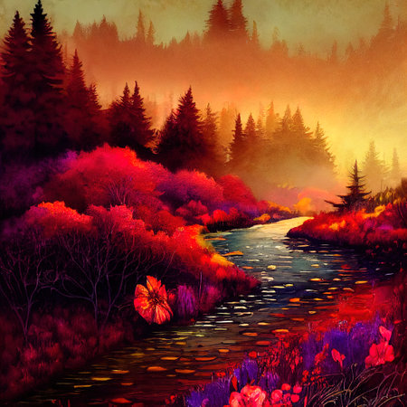 Beautiful Colorful Countryside and Cottage Illustrationの素材