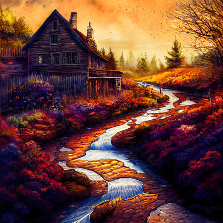Beautiful Colorful Countryside and Cottage Illustrationの素材