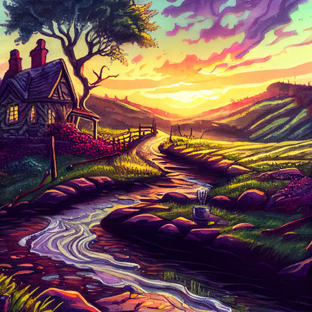 Beautiful Colorful Countryside and Cottage Illustrationの素材