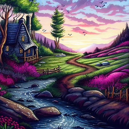 Beautiful Colorful Countryside and Cottage Illustrationの素材