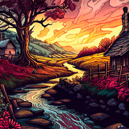 Beautiful Colorful Countryside and Cottage Illustrationの素材