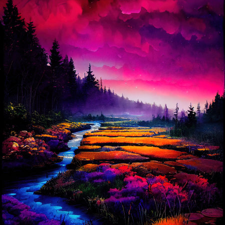 Beautiful Colorful Countryside and Cottage Illustrationの素材