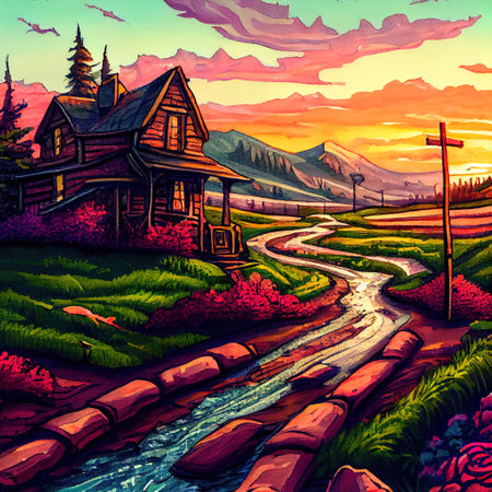 Beautiful Colorful Countryside and Cottage Illustrationの素材
