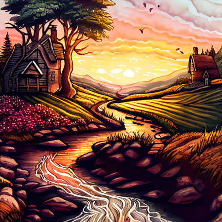 Beautiful Colorful Countryside and Cottage Illustrationの素材