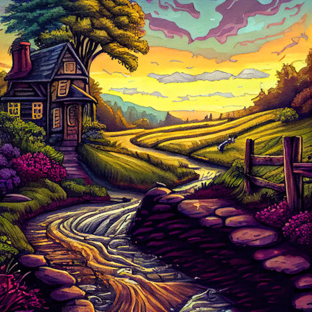 Beautiful Colorful Countryside and Cottage Illustrationの素材