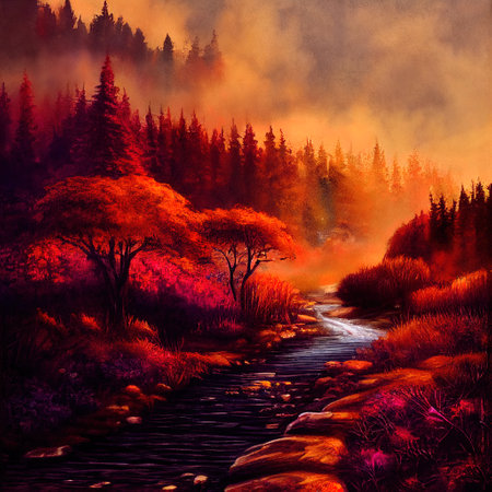 Beautiful Colorful Countryside and Cottage Illustrationの素材