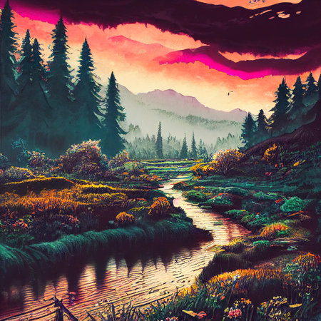 Beautiful Colorful Countryside and Cottage Illustrationの素材