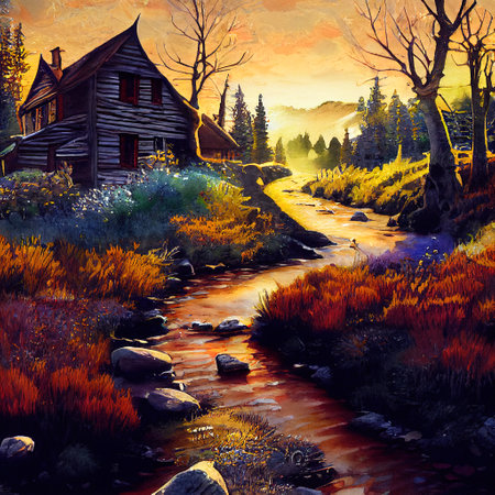 Beautiful Colorful Countryside and Cottage Illustrationの素材