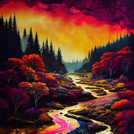 Beautiful Colorful Countryside and Cottage Illustrationの素材