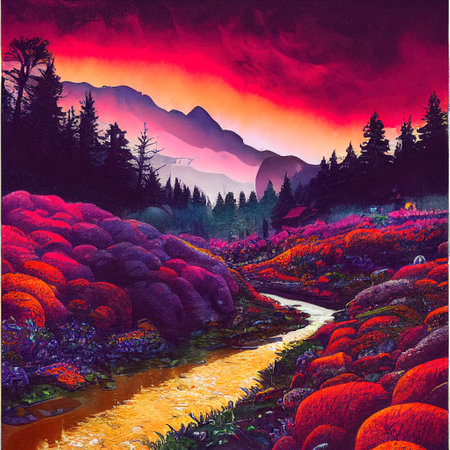 Beautiful Colorful Countryside and Cottage Illustrationの素材
