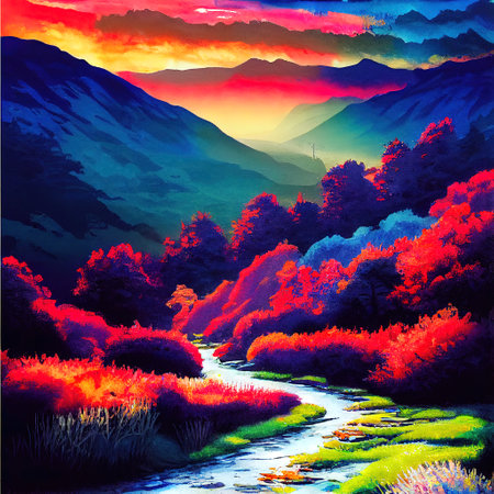 Beautiful Colorful Countryside and Cottage Illustrationの素材