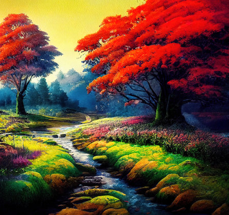 Beautiful Colorful Countryside and Cottage Illustrationの素材