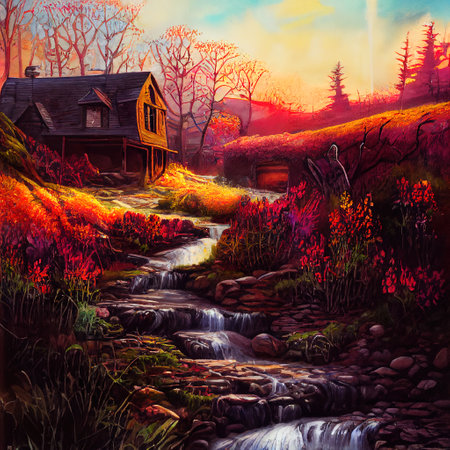 Beautiful Colorful Countryside and Cottage Illustrationの素材