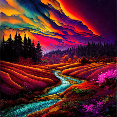 Beautiful Colorful Countryside and Cottage Illustrationの素材