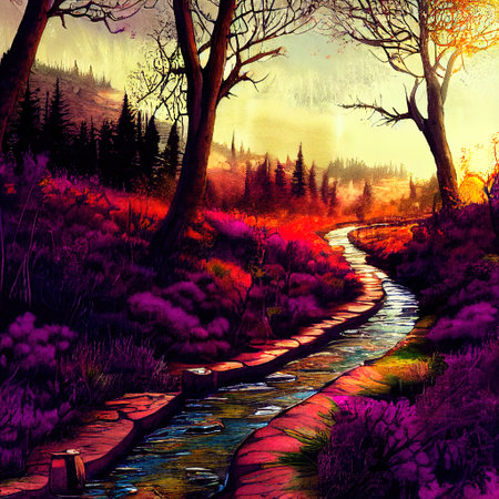 Beautiful Colorful Countryside and Cottage Illustrationの素材