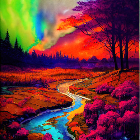 Beautiful Colorful Countryside and Cottage Illustrationの素材