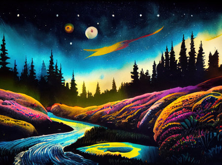 Beautiful Colorful Countryside and Cottage Illustrationの素材