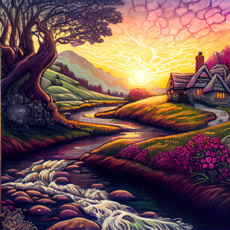 Beautiful Colorful Countryside and Cottage Illustrationの素材