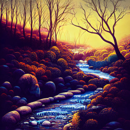 Beautiful Colorful Countryside and Cottage Illustrationの素材