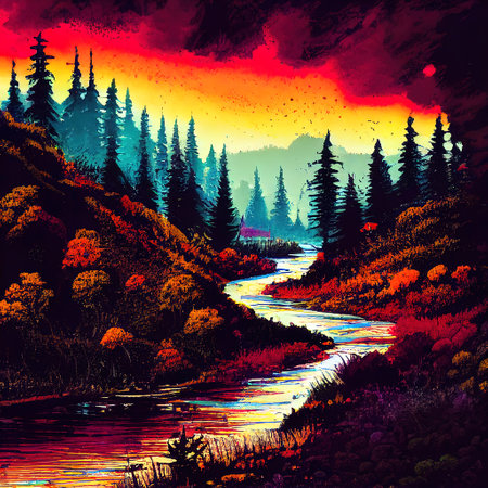 Beautiful Colorful Countryside and Cottage Illustrationの素材