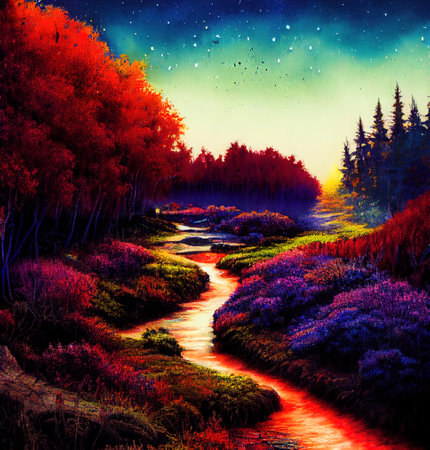 Beautiful Colorful Countryside and Cottage Illustrationの素材