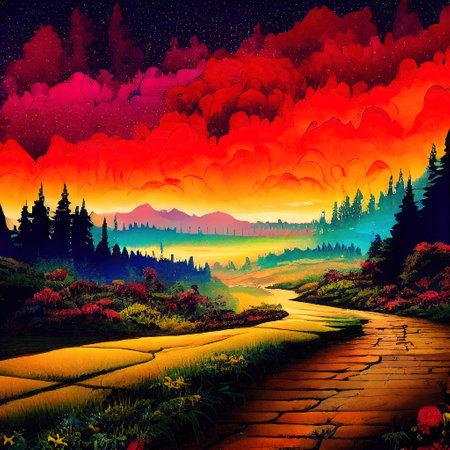 Beautiful Colorful Countryside and Cottage Illustrationの素材
