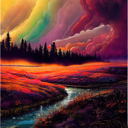 Beautiful Colorful Countryside and Cottage Illustrationの素材